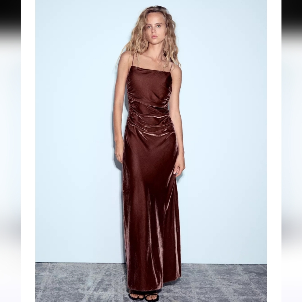 Zara (Bloggers Favorite) Velvet Back Rouched Maxi Dress Size Small Purple/Brown